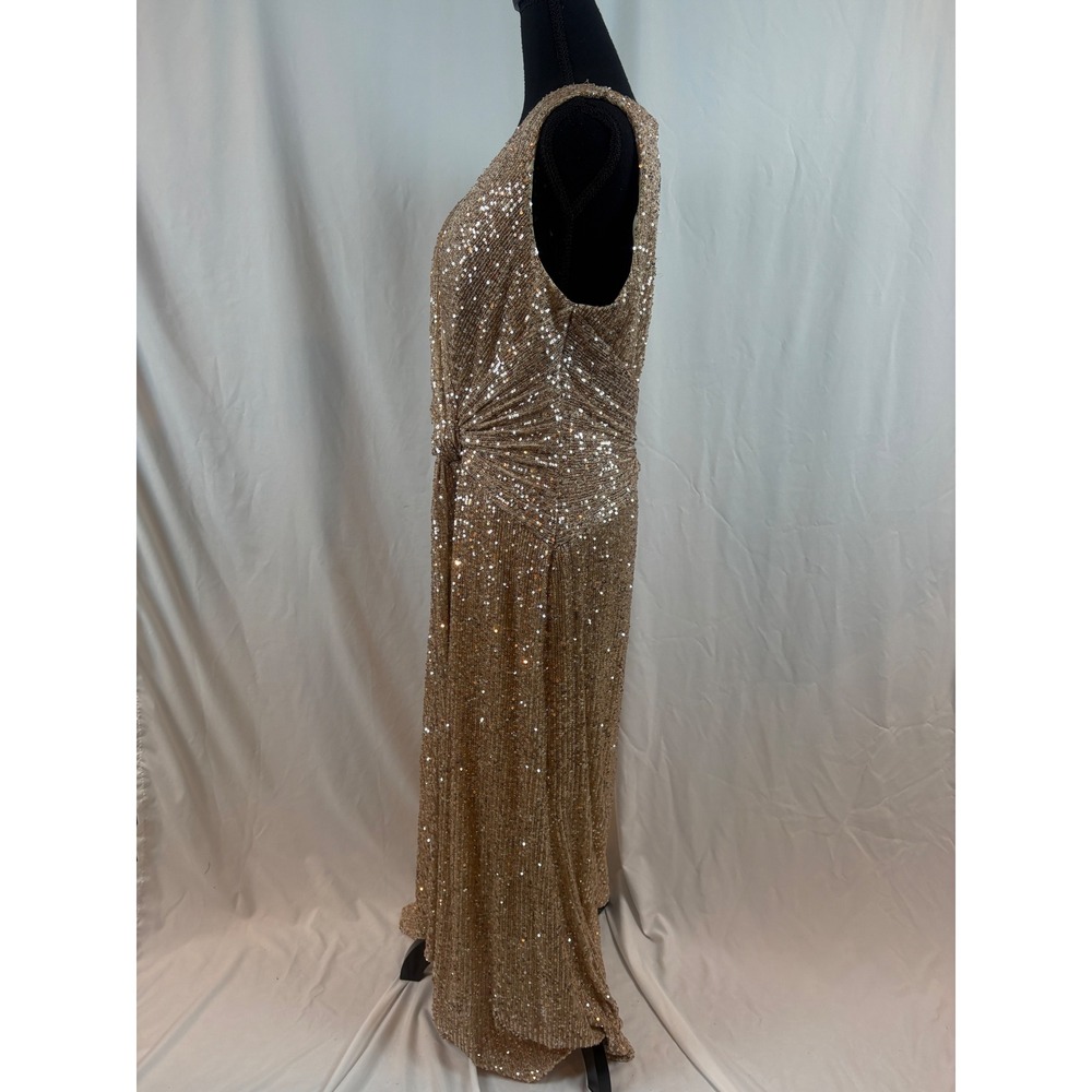 Champagne Gold Sequin Wrap V-Neck Sleeveless Maxi Evening Gown Knot Detail Dress - Picture 7 of 15